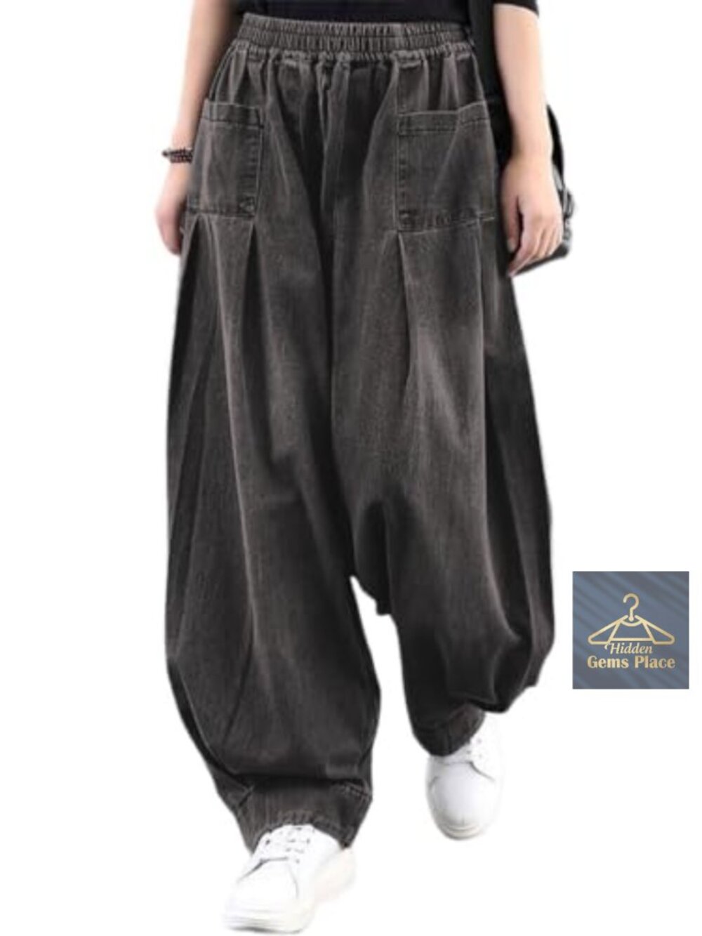 Womens Denim Harem Pants Elastic Waist Pleated Wide Leg Baggy Jeans